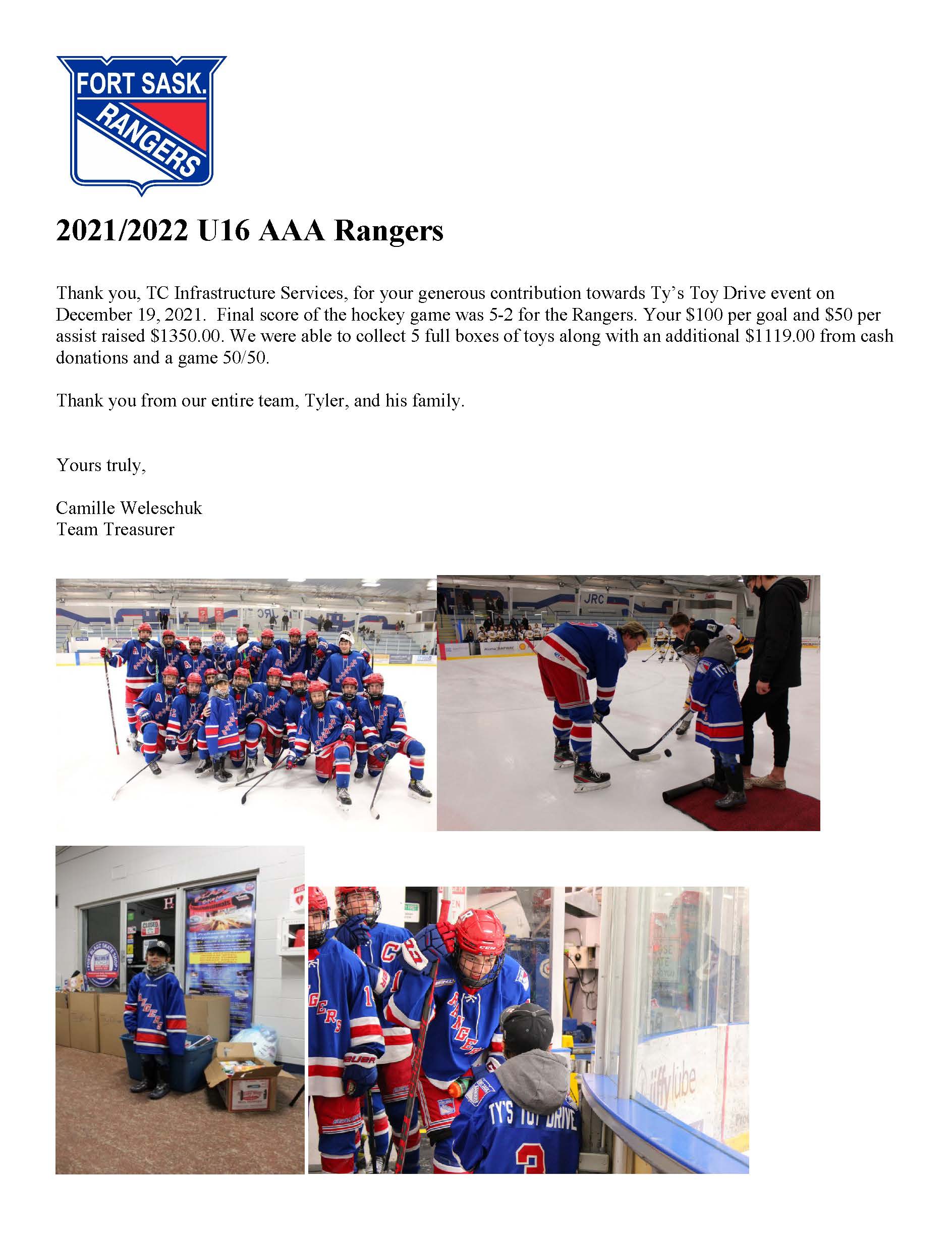 U16 AAA Rangers Toy Drive 2021