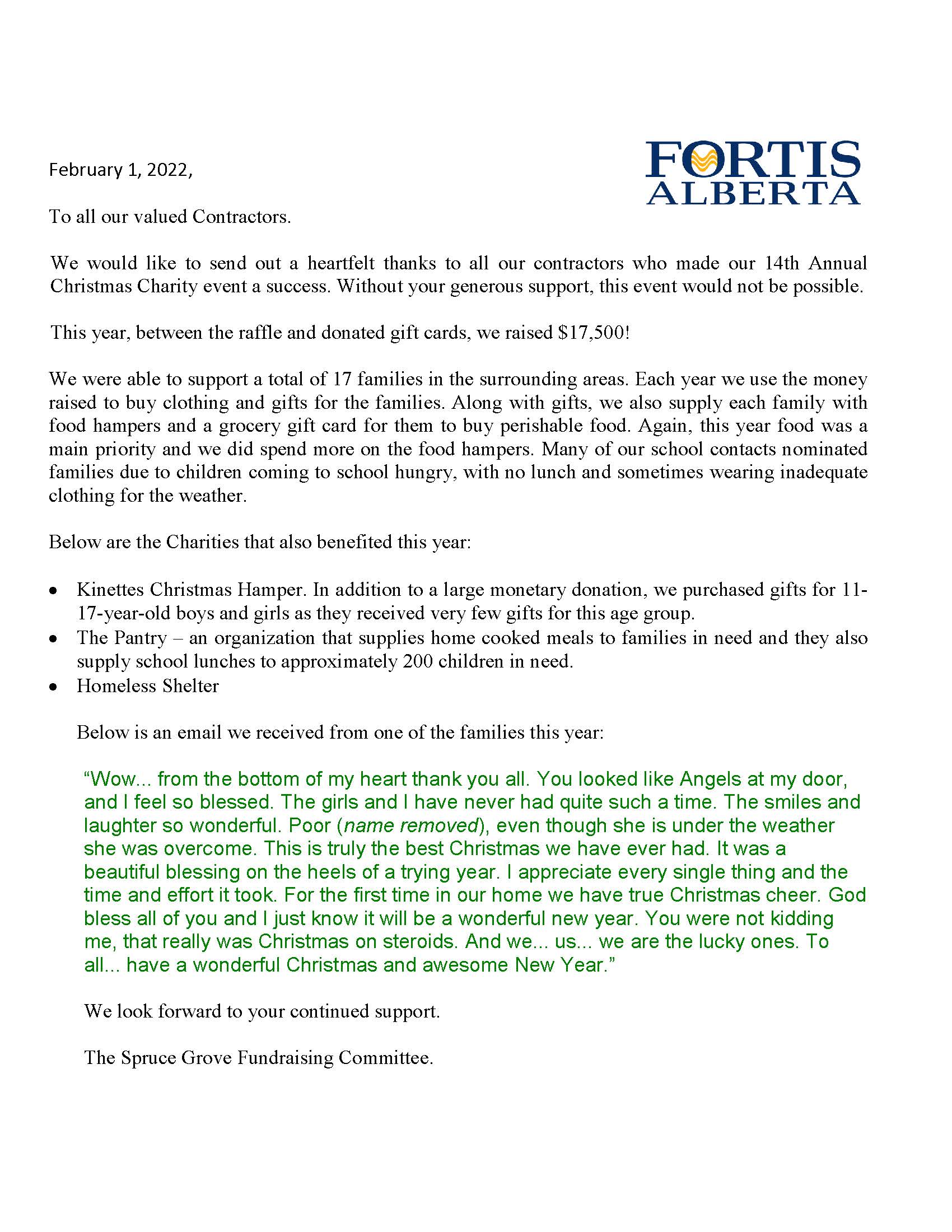 14th Annual Christmas Charity Event Thank You Letter